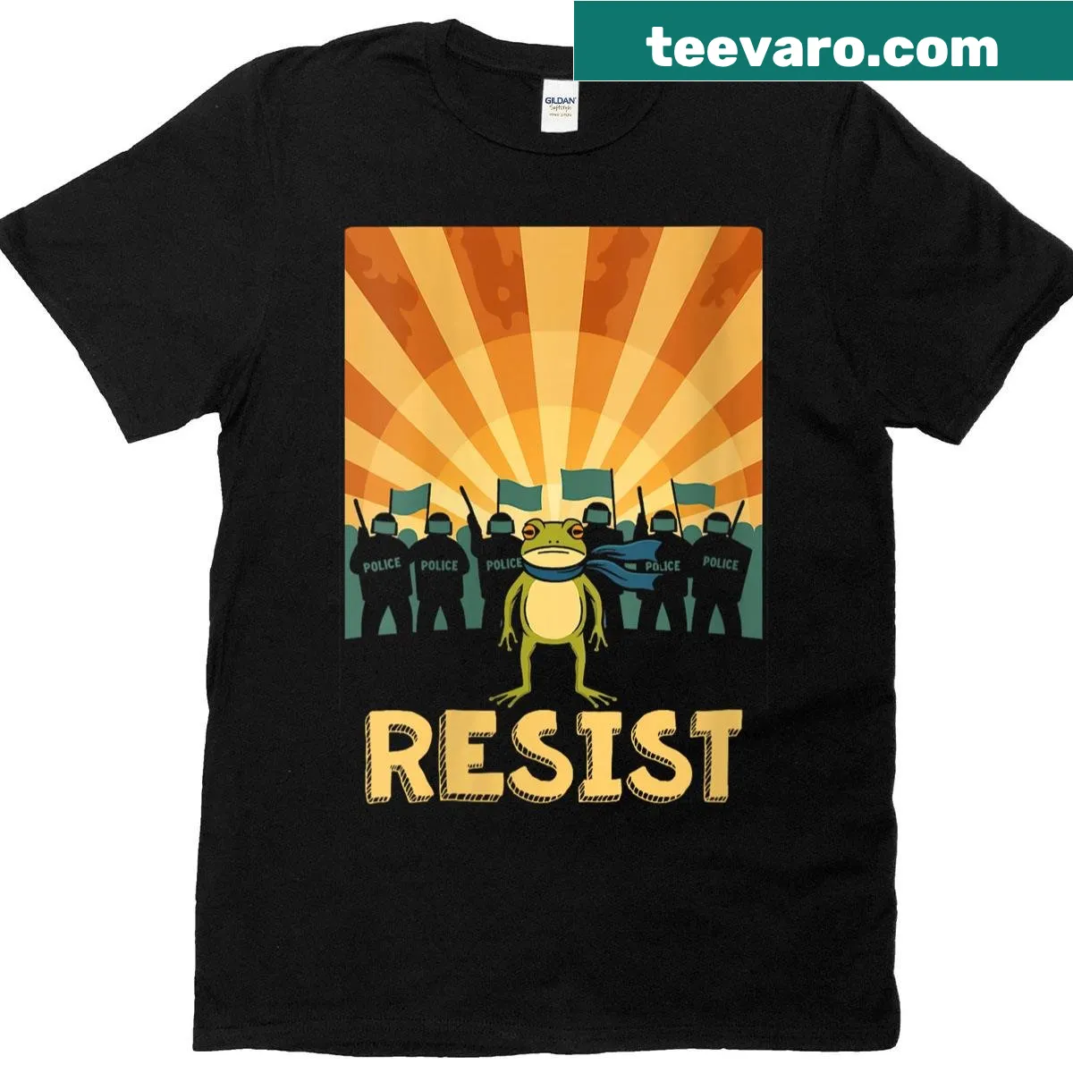 Funny T-shirt with frog graphic and Resist slogan — on a men's t-shirt