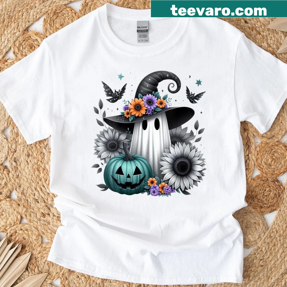 Illustrated ghost with pumpkin and flowers on a Halloween t-shirt — on a men's t-shirt