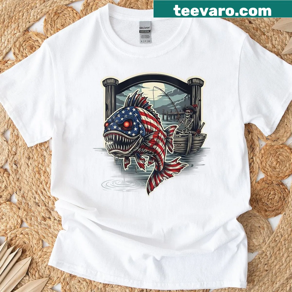 Halloween t-shirt with a scary fish skeleton pirate design — on a men's t-shirt