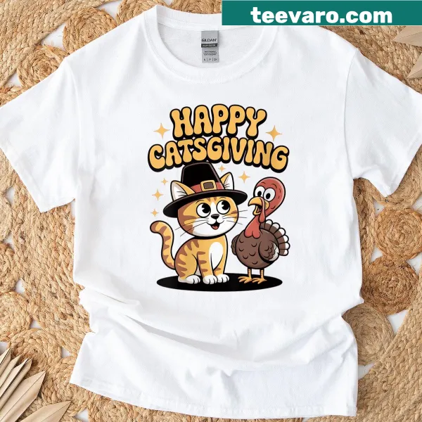 Funny Catsgiving graphic with cats in pilgrim outfits