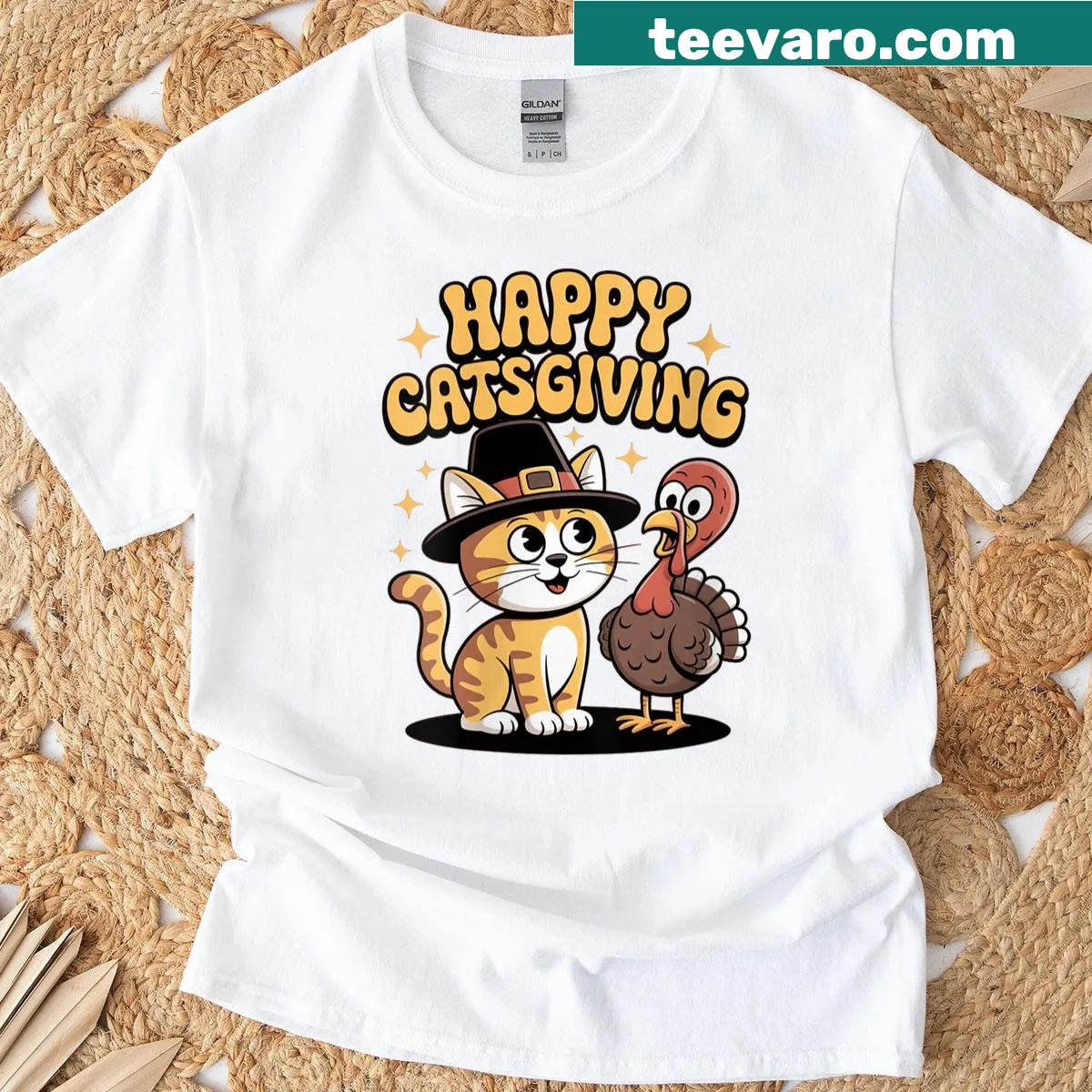 Funny Catsgiving graphic with cats in pilgrim outfits — on a men's t-shirt