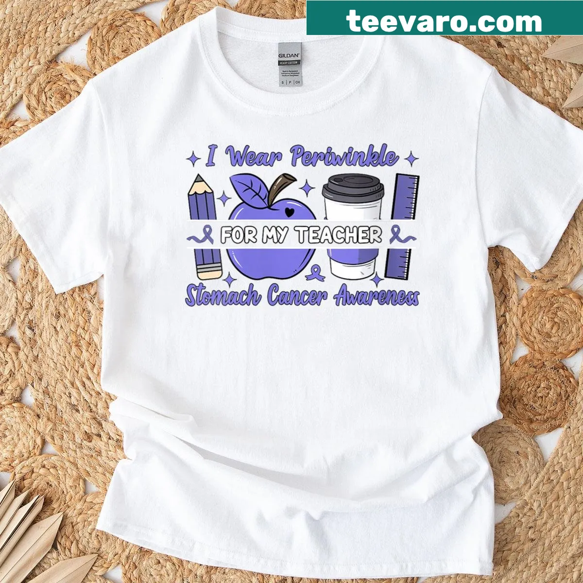 Supportive T-shirt for stomach cancer awareness with periwinkle message. — on a men's t-shirt