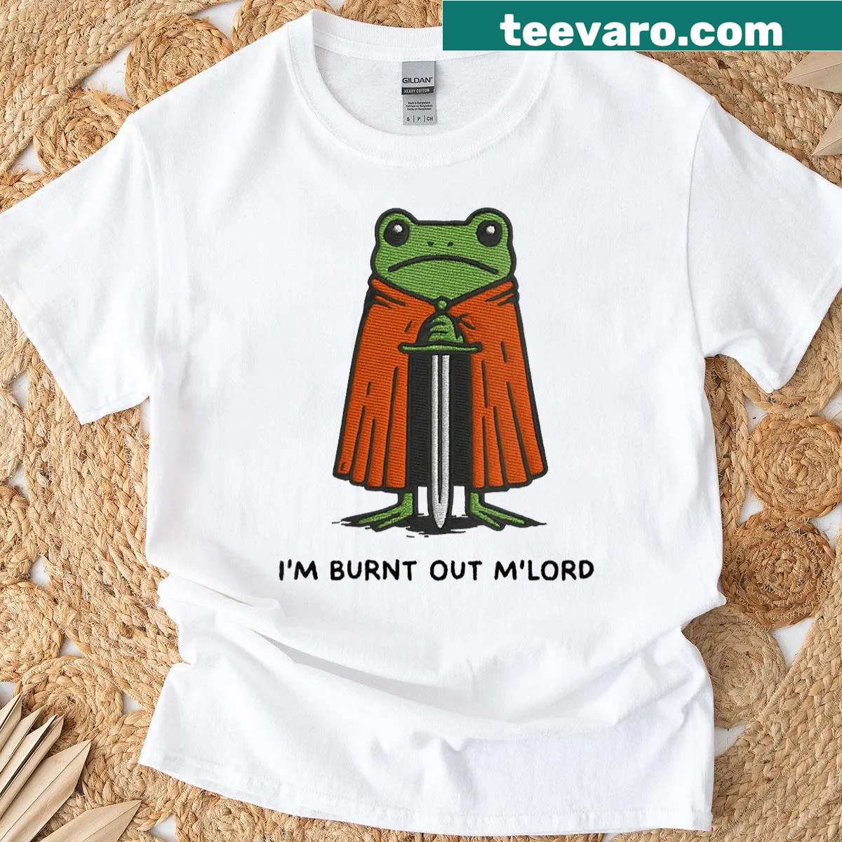 Funny shirt with a knight frog illustration and burnt out text — on a men's t-shirt