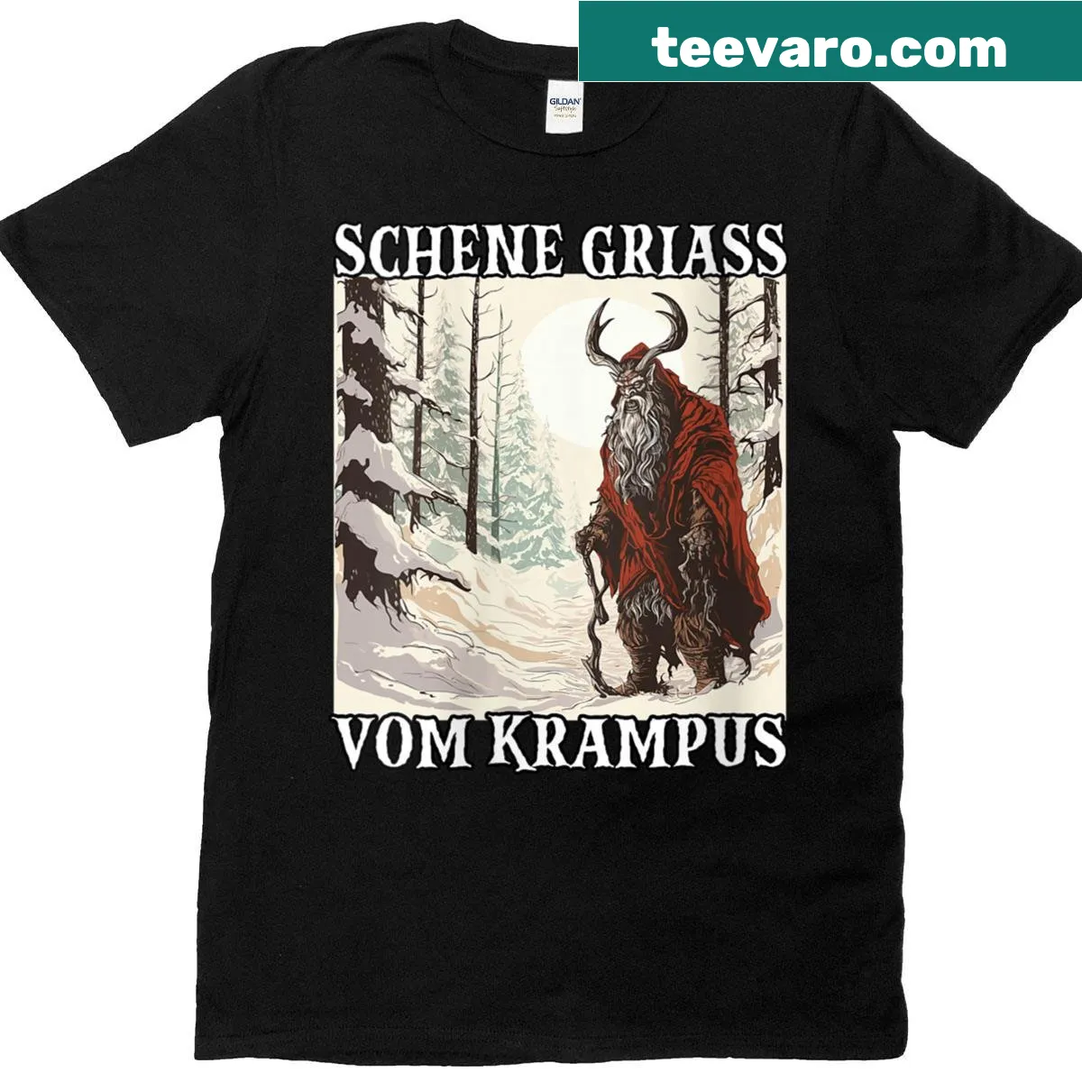 Playful T-shirt featuring Krampus and Santa Claus characters — on a men's t-shirt