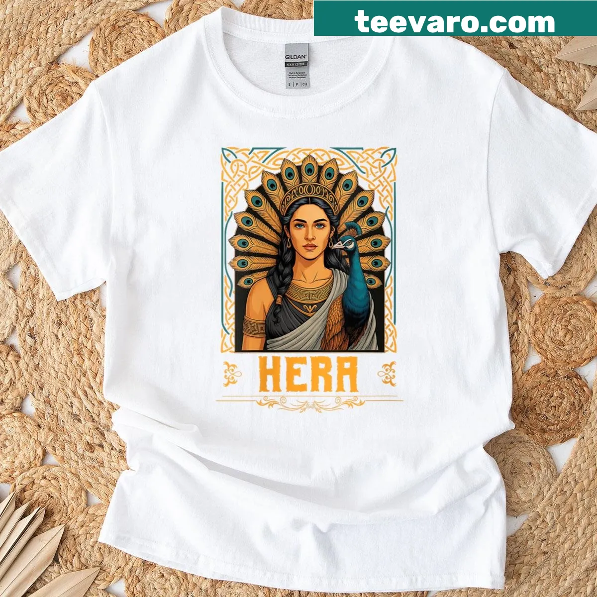 Illustrated Hera and peacock on a women’s Greek myth t-shirt — on a men's t-shirt