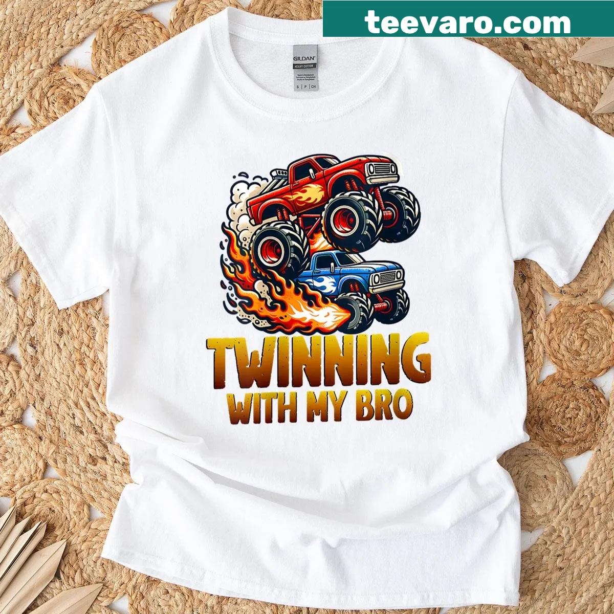 Matching kids t-shirt featuring monster truck graphics — on a men's t-shirt