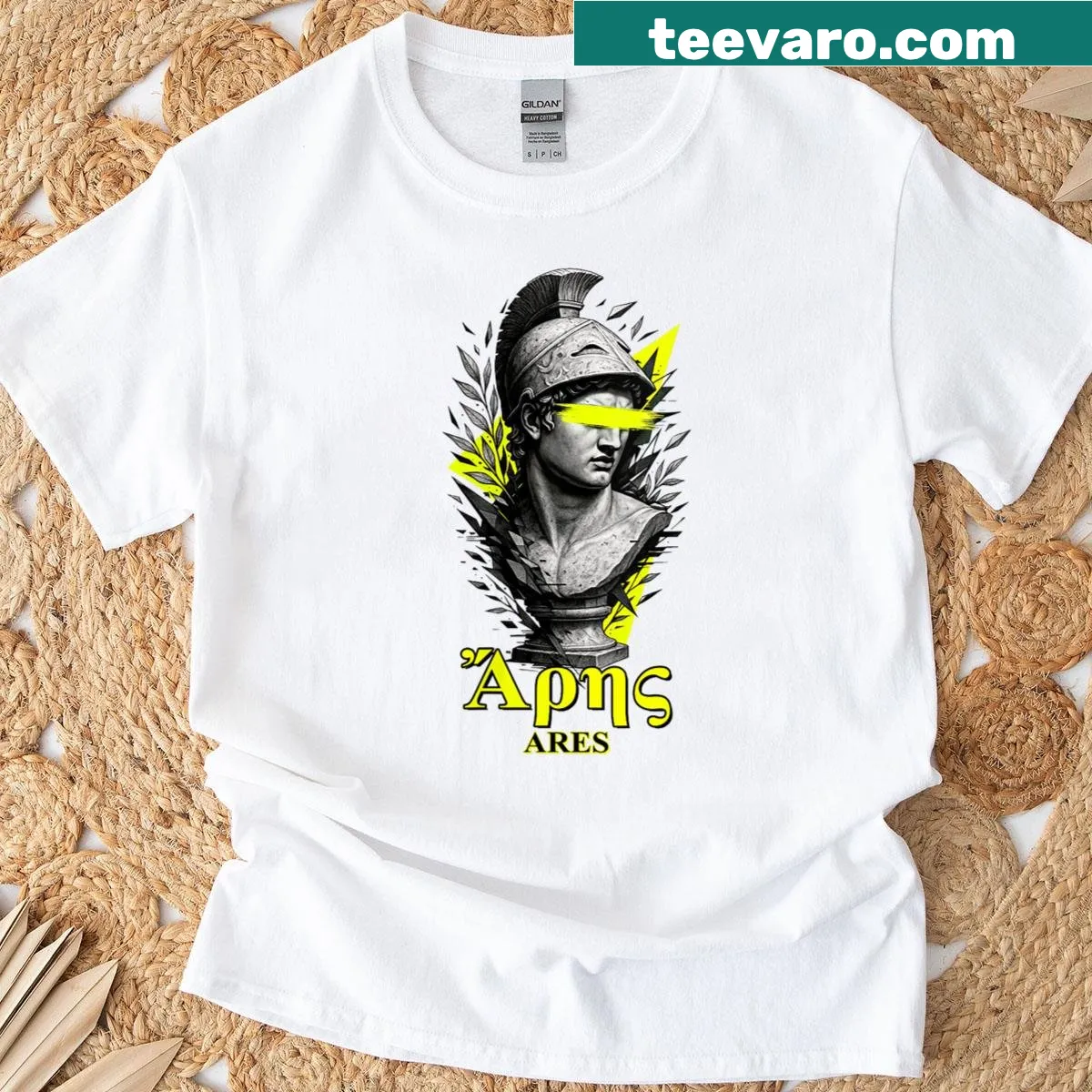 Vaporwave t-shirt featuring Ares in graffiti style — on a men's t-shirt