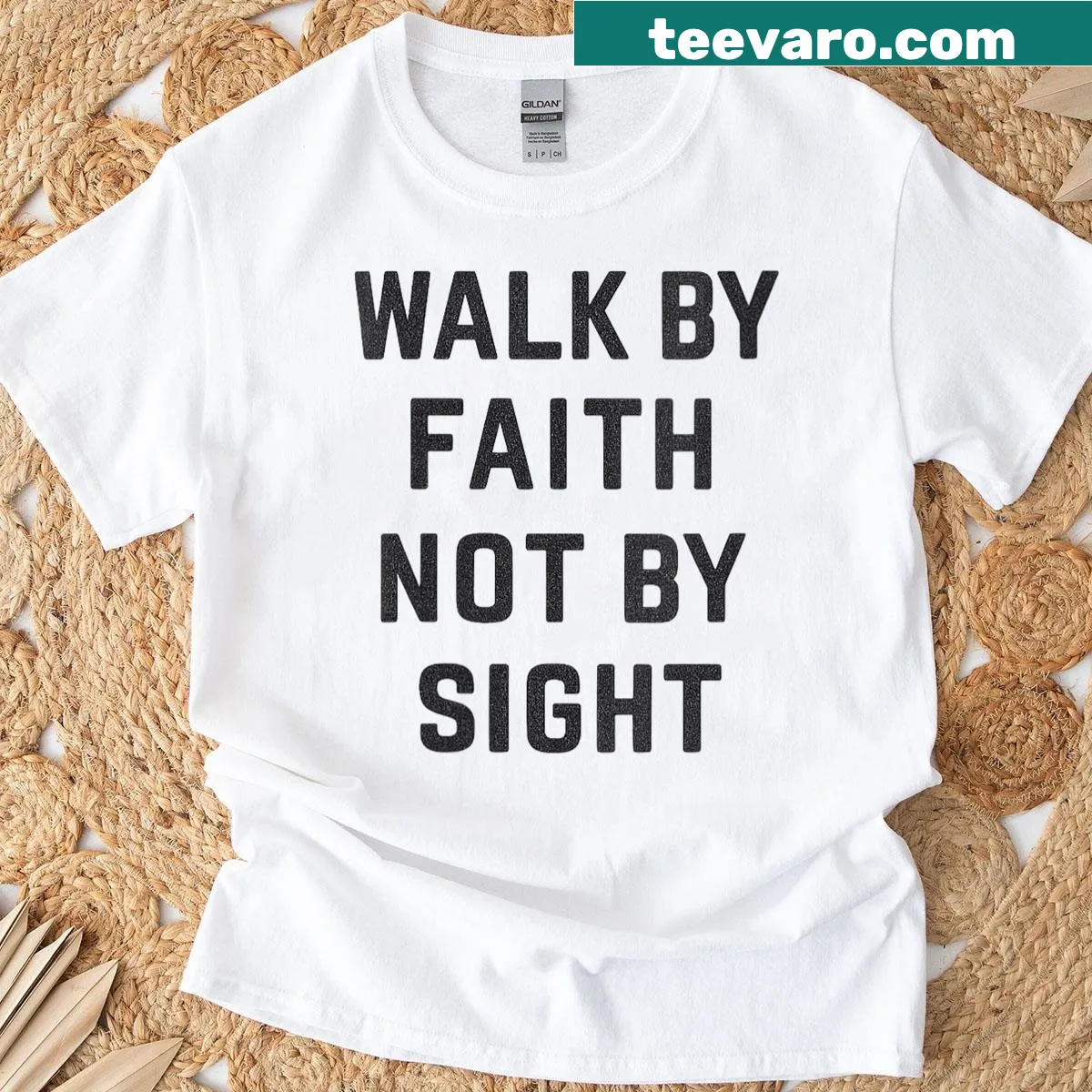Vintage Christian quote T-shirt with Walk By Faith message — on a men's t-shirt