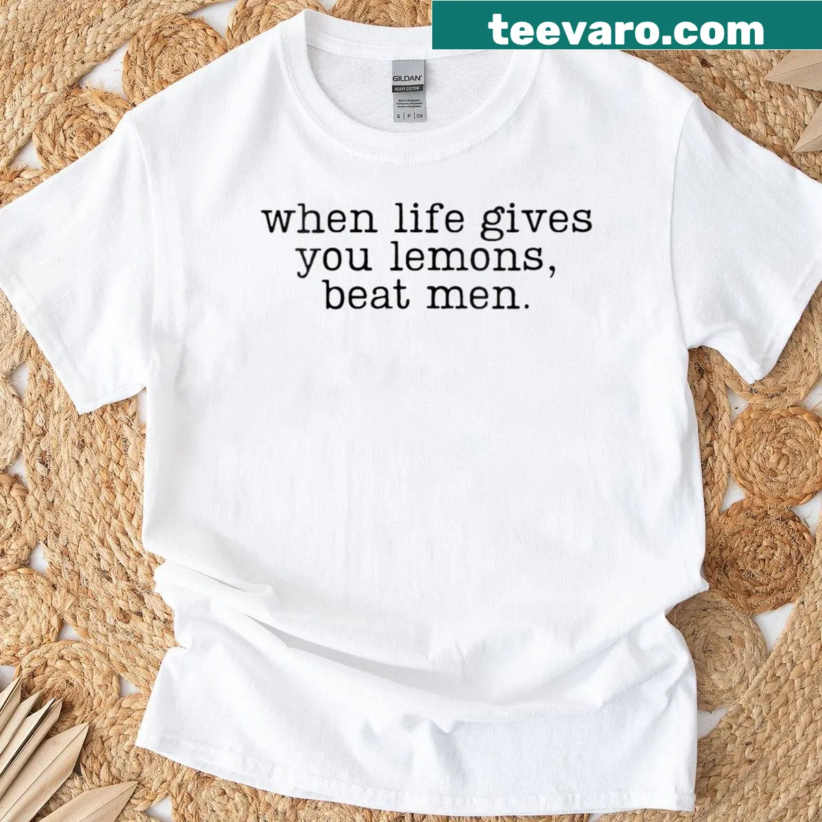 Funny T-shirt with lemons and saying about beating men — on a men's t-shirt