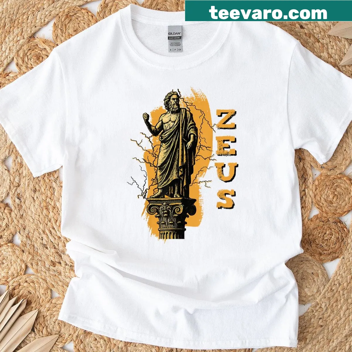 Vintage-style T-shirt featuring a Zeus statue from Greek mythology — on a men's t-shirt