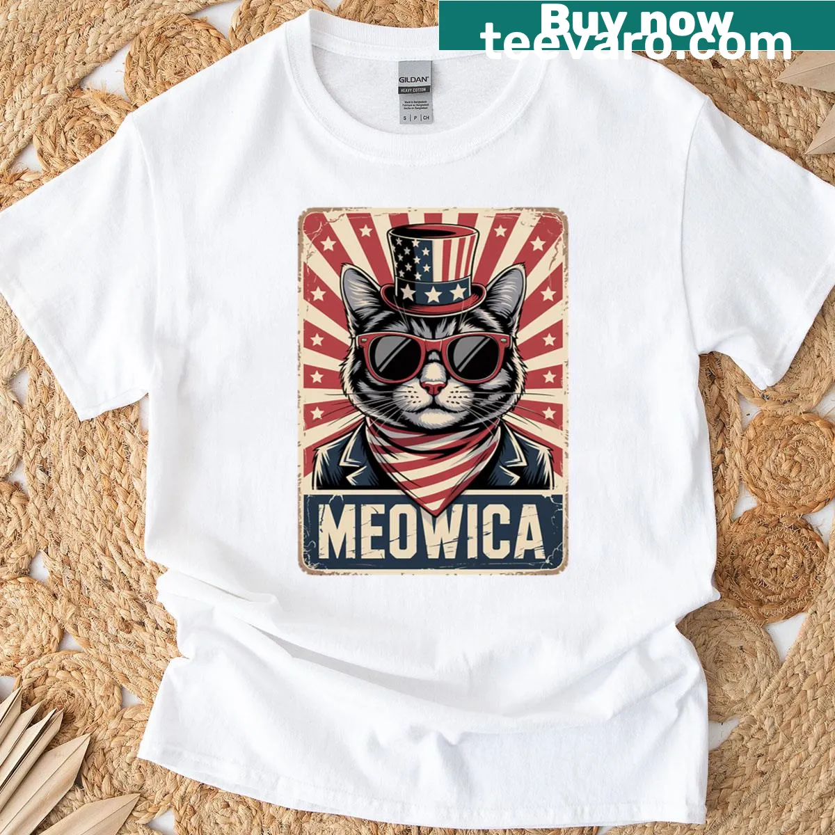 Cartoon cat T-shirt with American flag design for Fourth of July — on a men's t-shirt