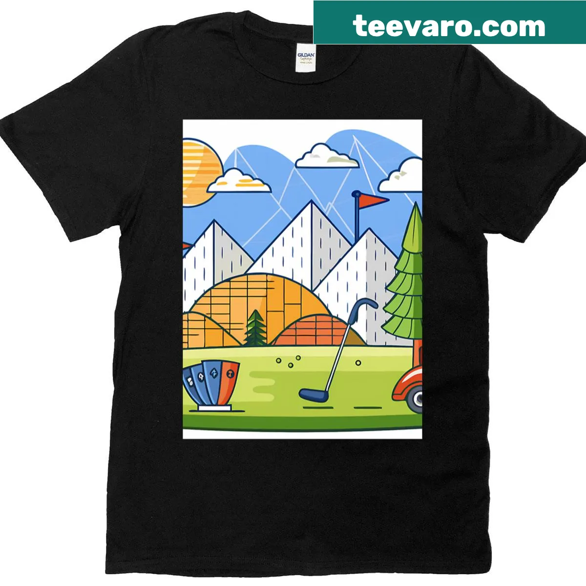 Artistic golf T-shirt with serene nature-inspired design — on a men's t-shirt