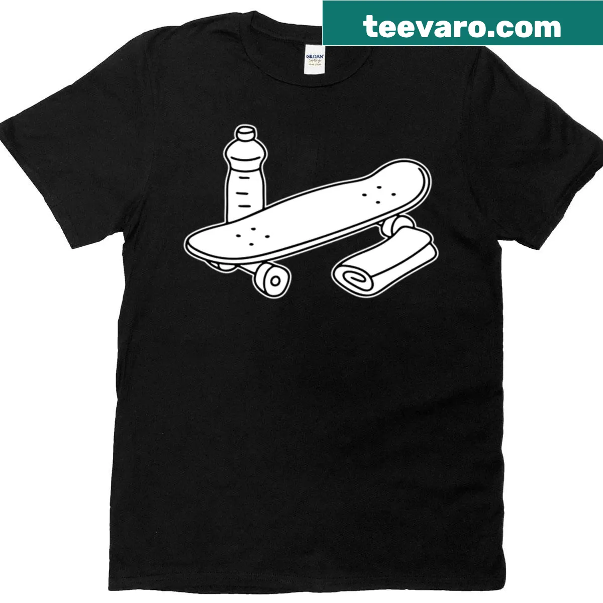 Illustration of a skateboard, water bottle, and towel on a T-shirt — on a men's t-shirt