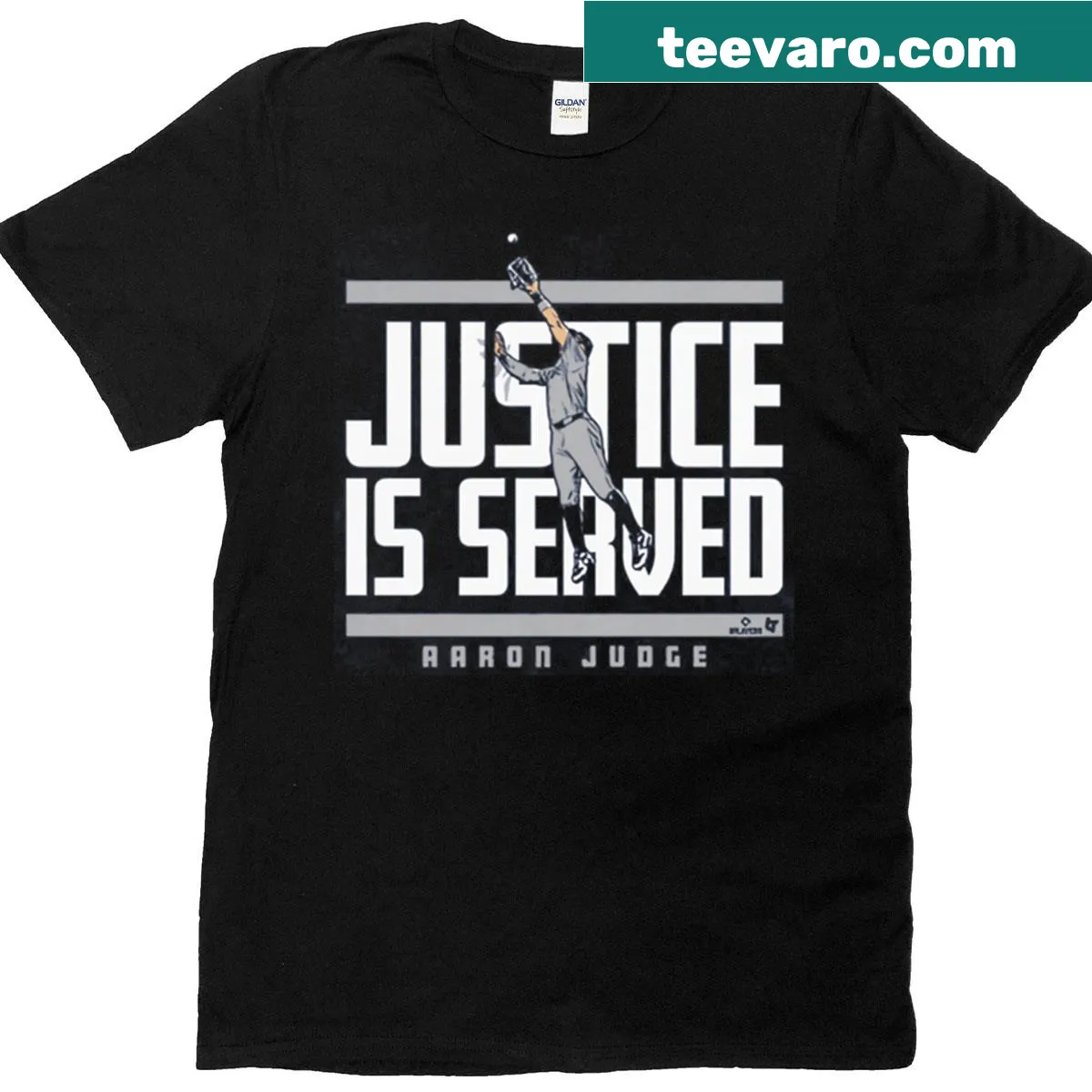 Aaron Judge Justice Is Served T-shirt featuring bold text — on a men's t-shirt