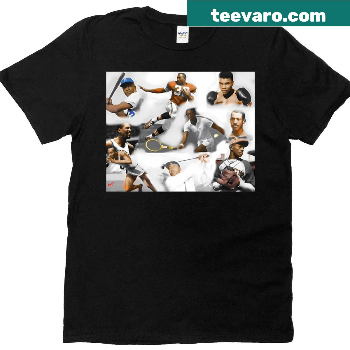 Graphic T-shirt honoring African American sports legends — on a men's t-shirt