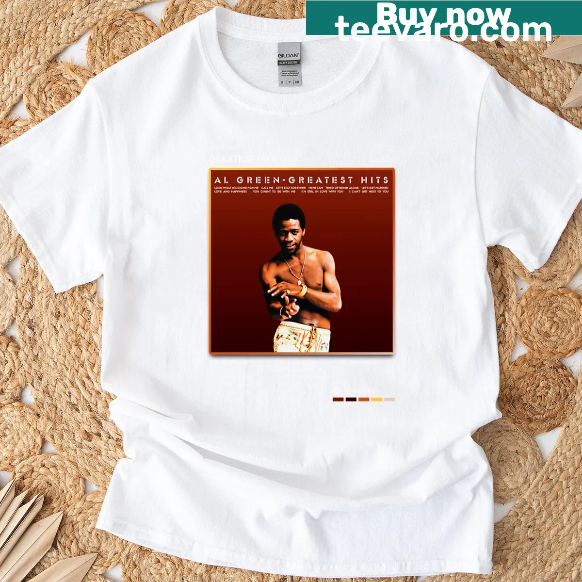 T-shirt featuring Al Green's Greatest Hits album tracklist — on a men's t-shirt