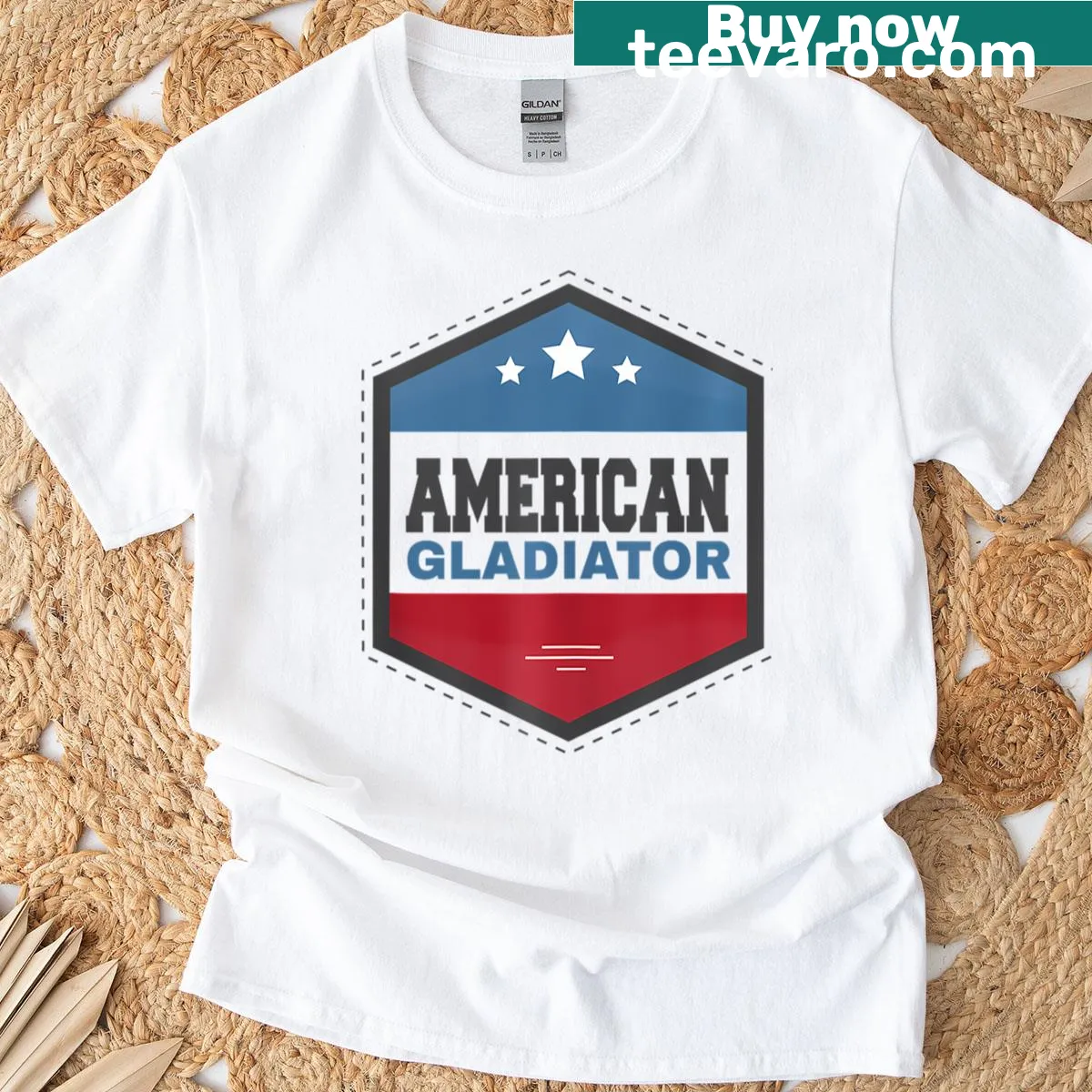 American Gladiator T-shirt with USA flag and humorous gym quote — on a men's t-shirt