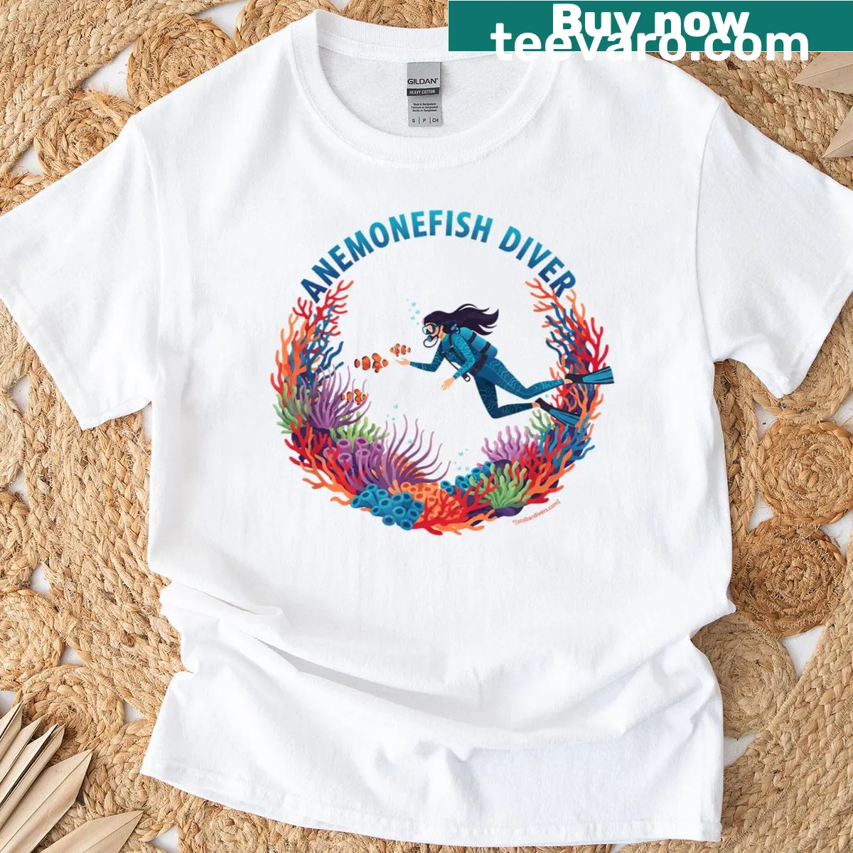 T-shirt depicting an anemonefish diver in vibrant underwater scenery — on a men's t-shirt
