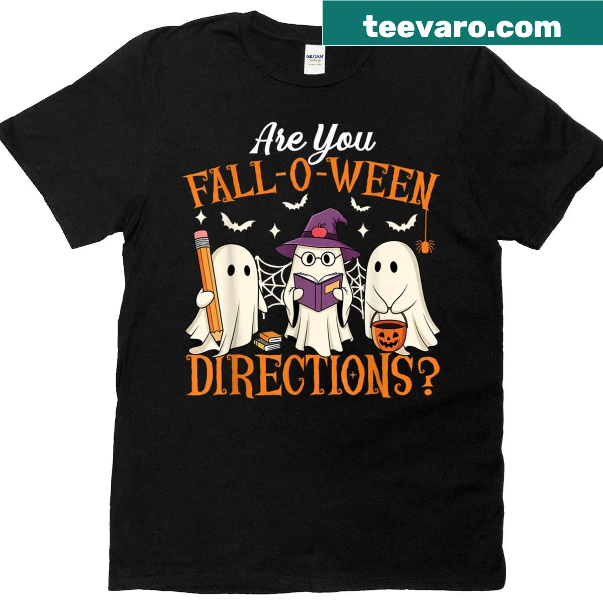 Funny teacher Halloween T-shirt with ghost and humorous directions — on a men's t-shirt