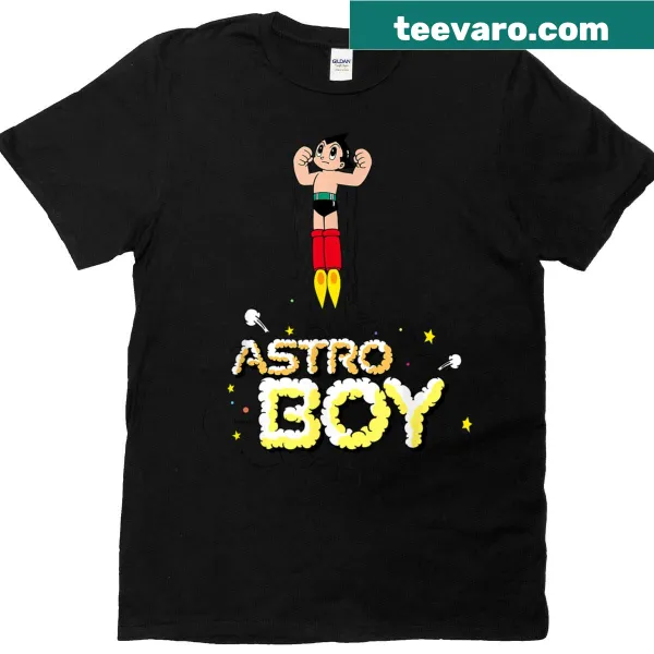 Astro Boy flying through the sky in a playful illustration on t-shirt