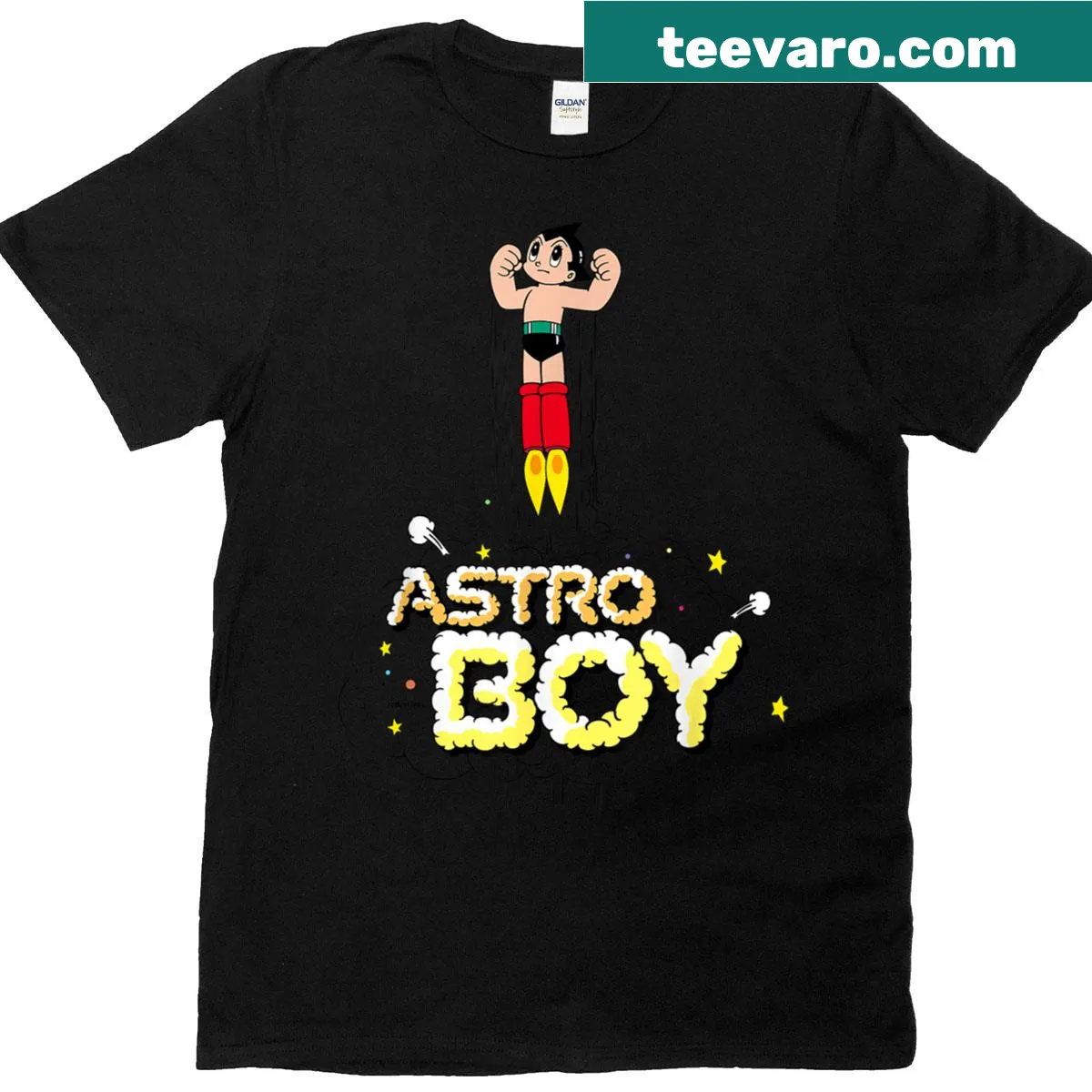 Astro Boy flying through the sky in a playful illustration on t-shirt — on a men's t-shirt