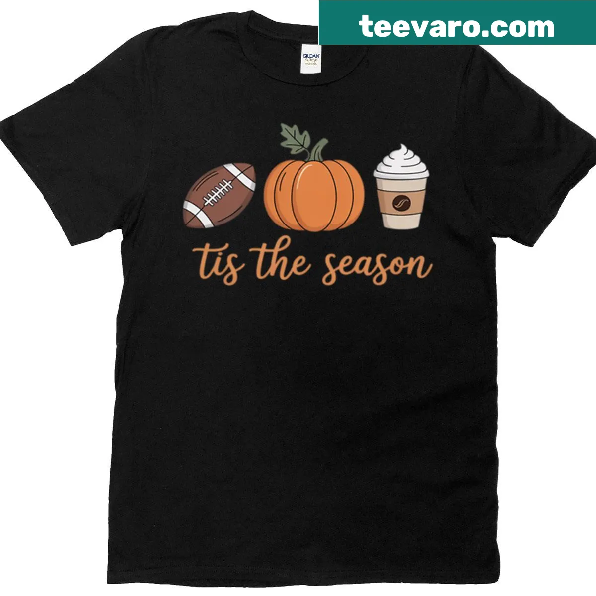 Autumn-themed baseball and coffee graphic T-shirt — on a men's t-shirt