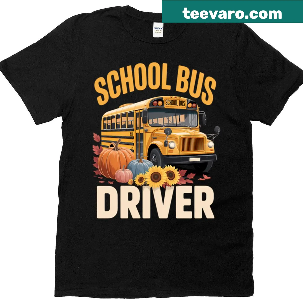 T-shirt for school bus drivers with autumn Thanksgiving theme — on a men's t-shirt