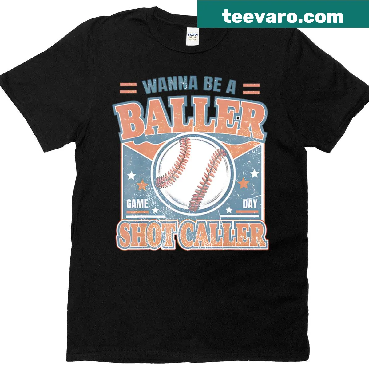 Retro baseball T-shirt with the phrase 'Baller Shot Caller' for game days — on a men's t-shirt