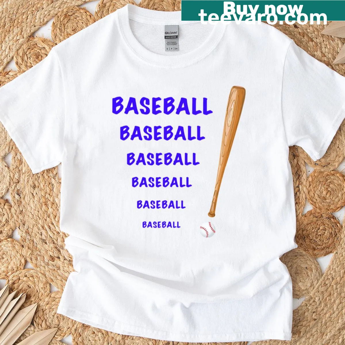Baseball themed t-shirt with repeating text — on a men's t-shirt