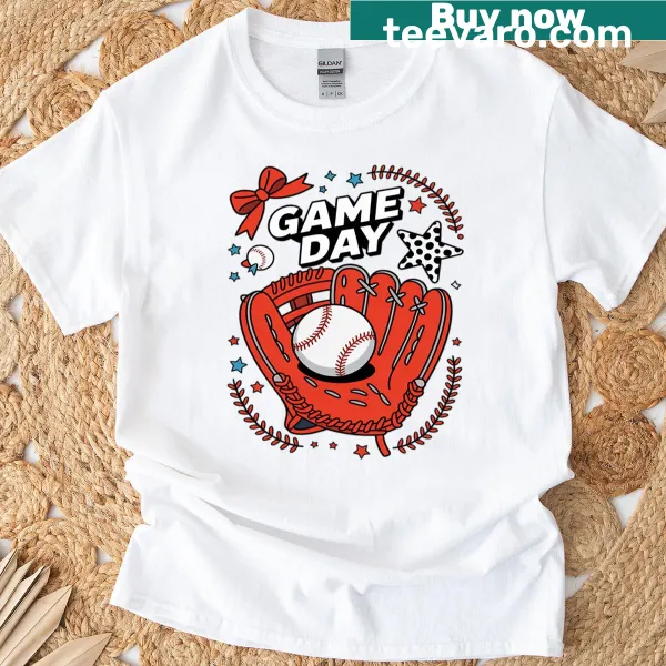 Playful baseball-themed T-shirt with game day graphics