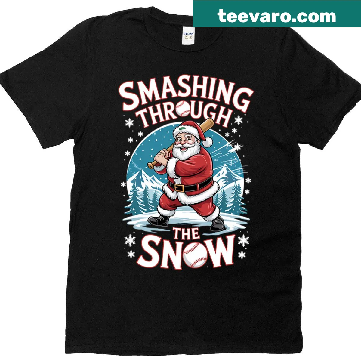 Cartoon baseball player dressed as Santa for Christmas t-shirt — on a men's t-shirt