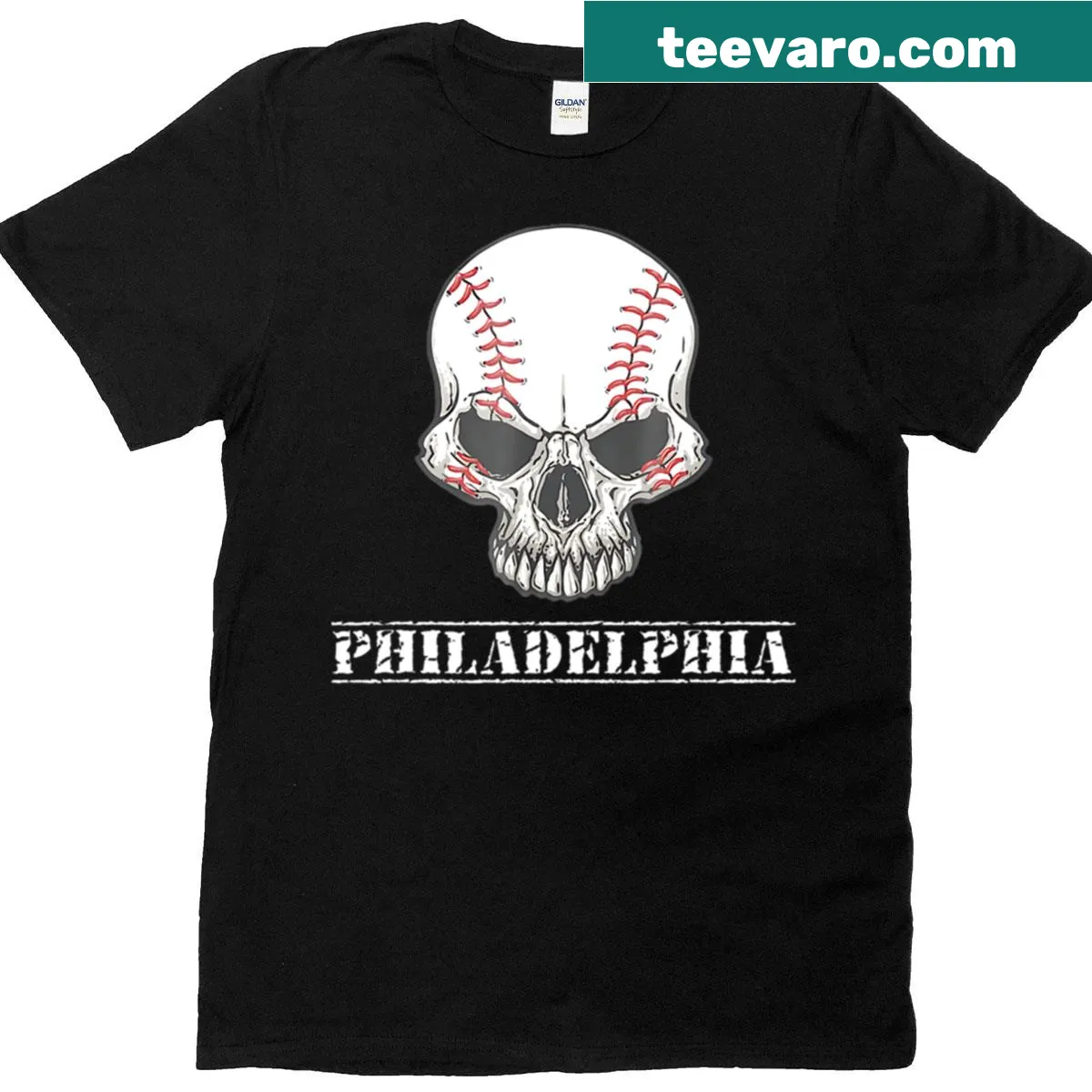 Skull-themed T-shirt for baseball fans — on a men's t-shirt