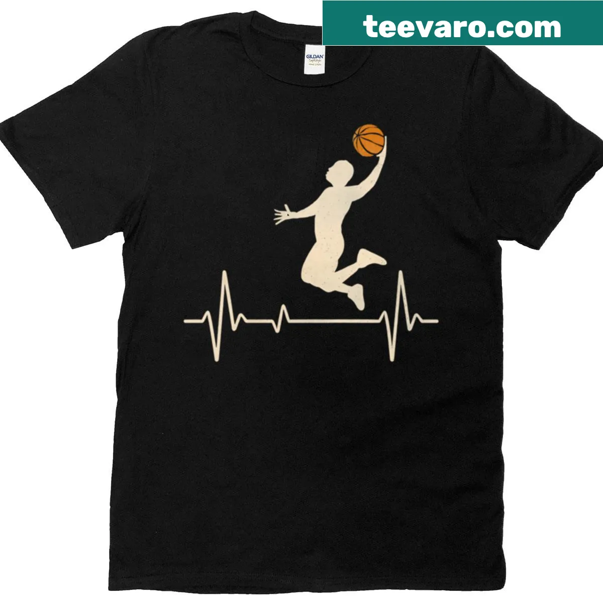 Basketball dunk silhouette and heartbeat line graphic on t-shirt — on a men's t-shirt