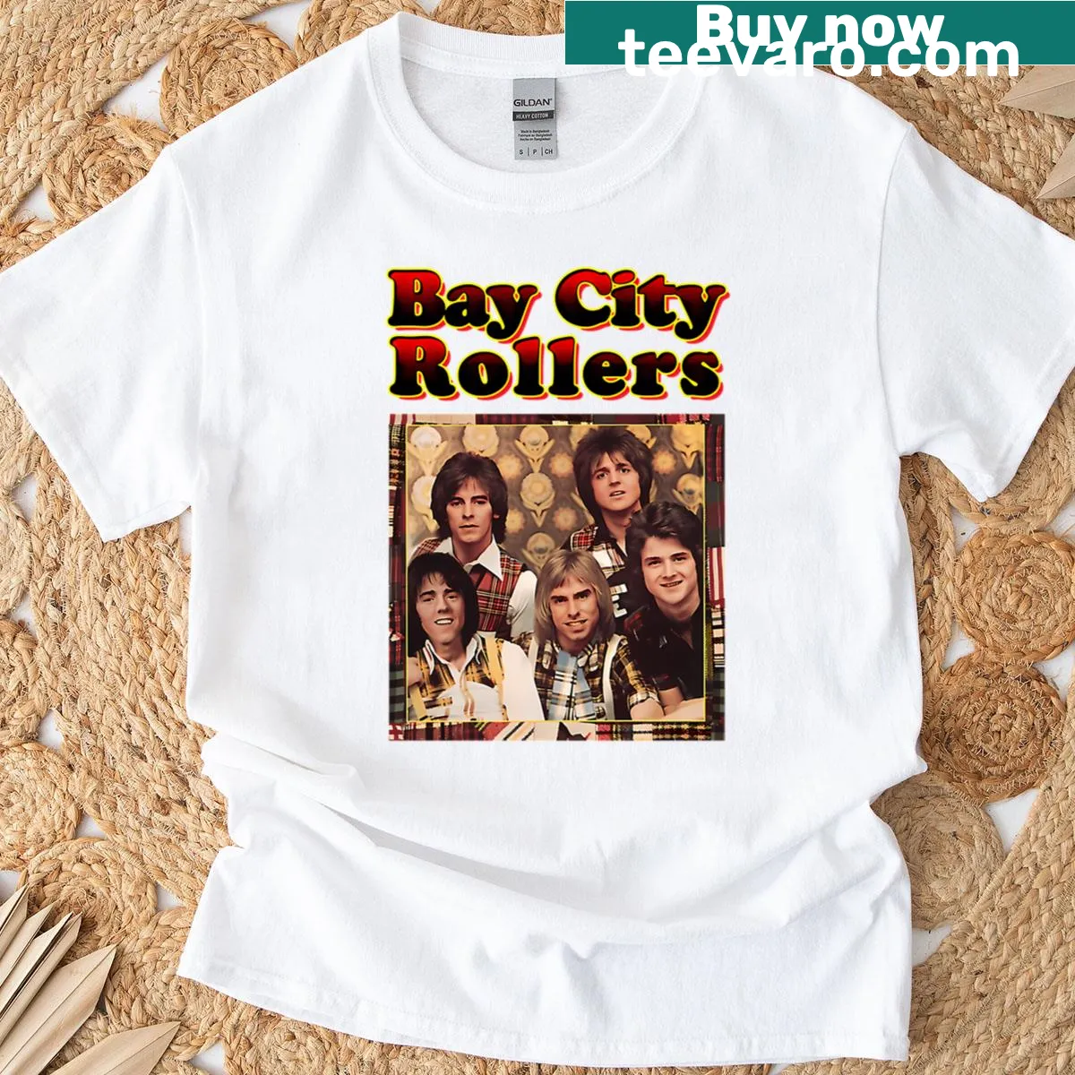 Evocative concept art of Bay City Rollers on a vintage-style t-shirt — on a men's t-shirt