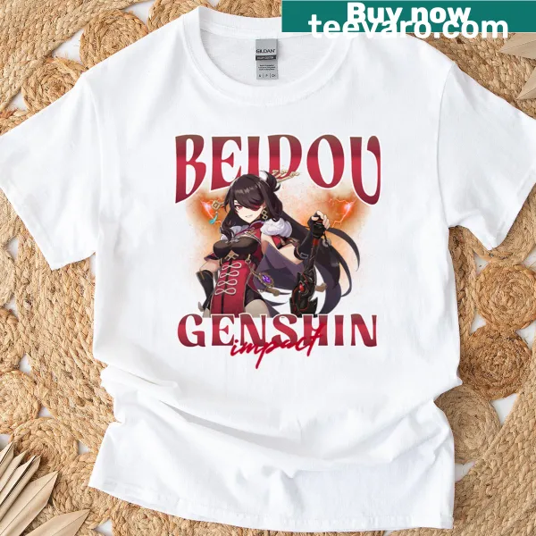 Illustration of Beidou from Genshin Impact on a gaming t-shirt
