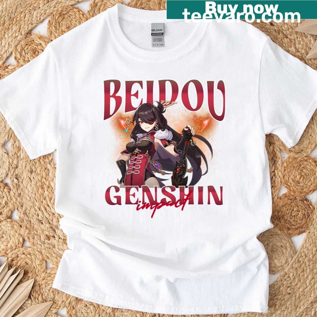 Illustration of Beidou from Genshin Impact on a gaming t-shirt — on a men's t-shirt