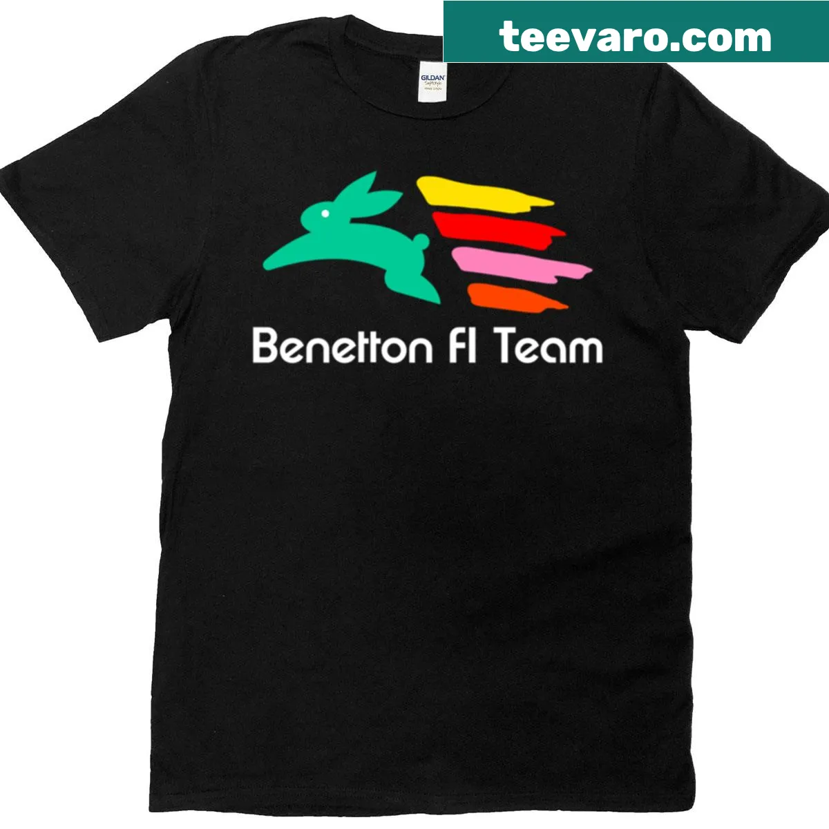 Vintage T-shirt featuring the Benetton B186 F1 shield design — on a men's t-shirt