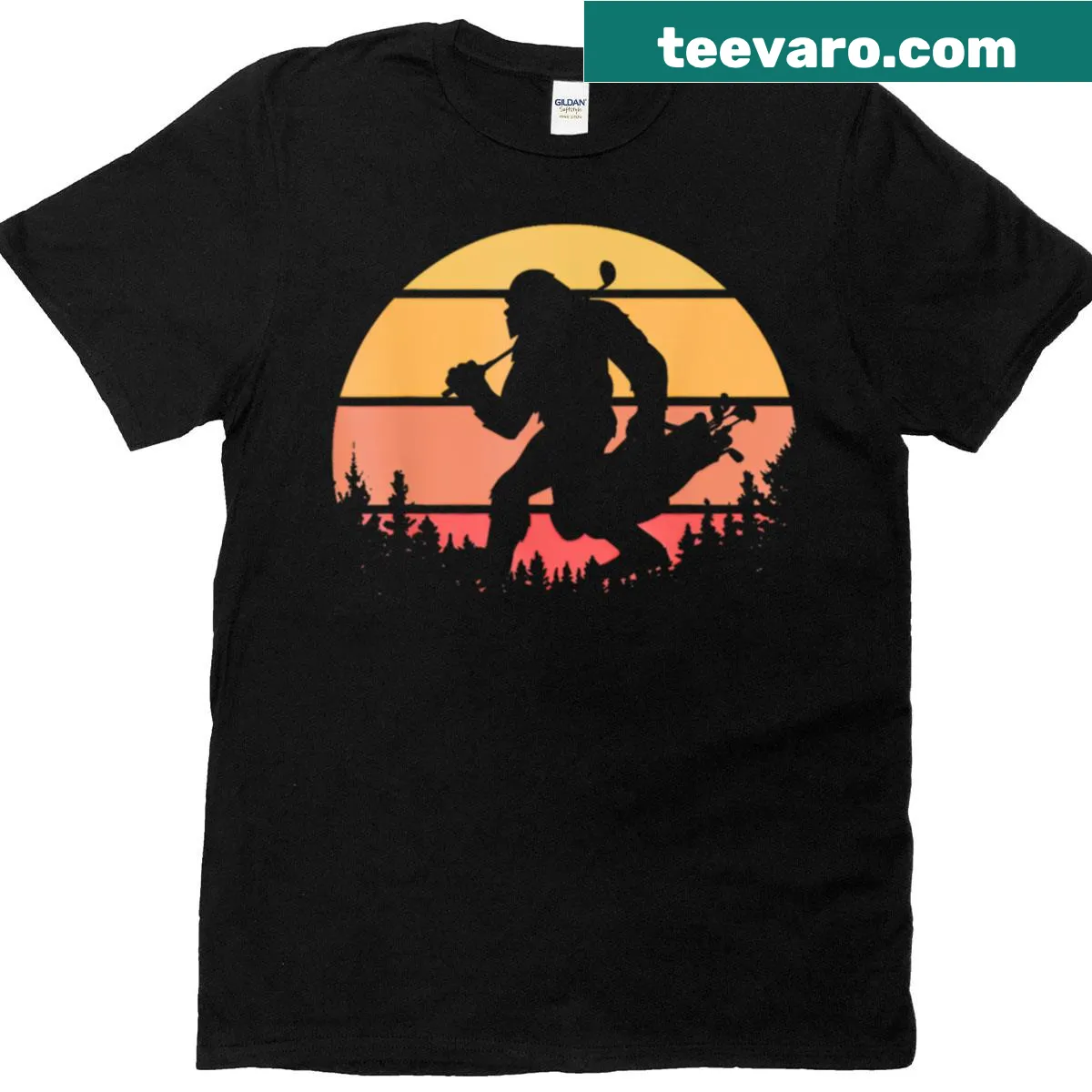 Retro Bigfoot golfing design with sunset background — on a men's t-shirt