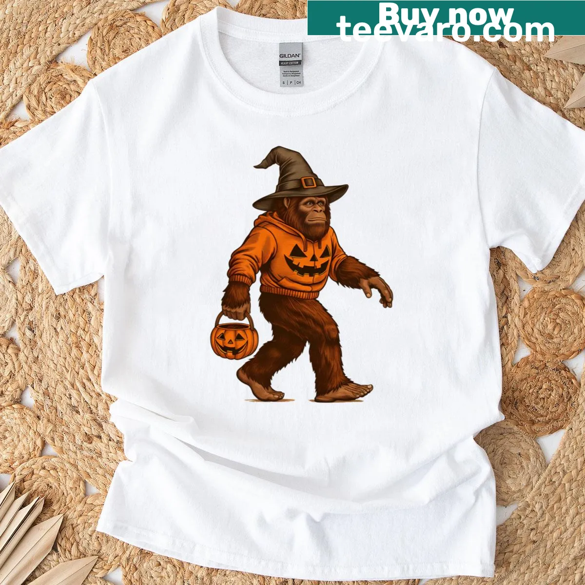 Cartoon Sasquatch design with Halloween elements on a T-shirt — on a men's t-shirt