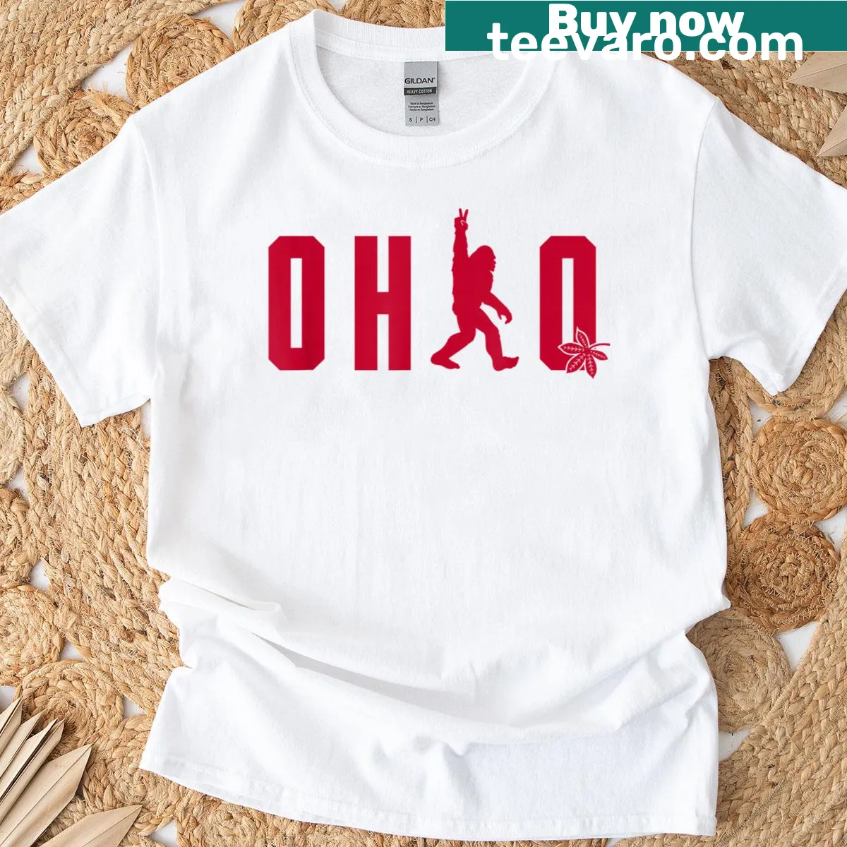Whimsical Bigfoot t-shirt featuring a Buckeye leaf design — on a men's t-shirt