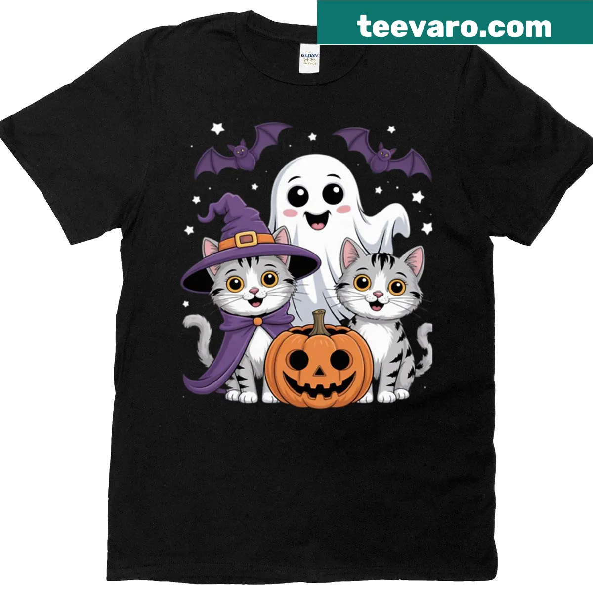 T-shirt with black cats and ghost witch design for Halloween — on a men's t-shirt