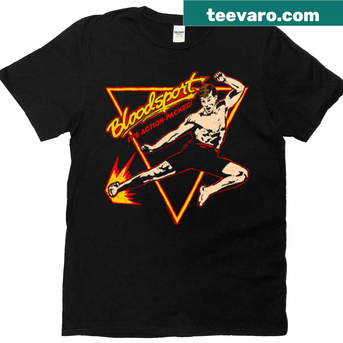 Vintage-style t-shirt with 'Bloodsport It's Action Packed' text — on a men's t-shirt