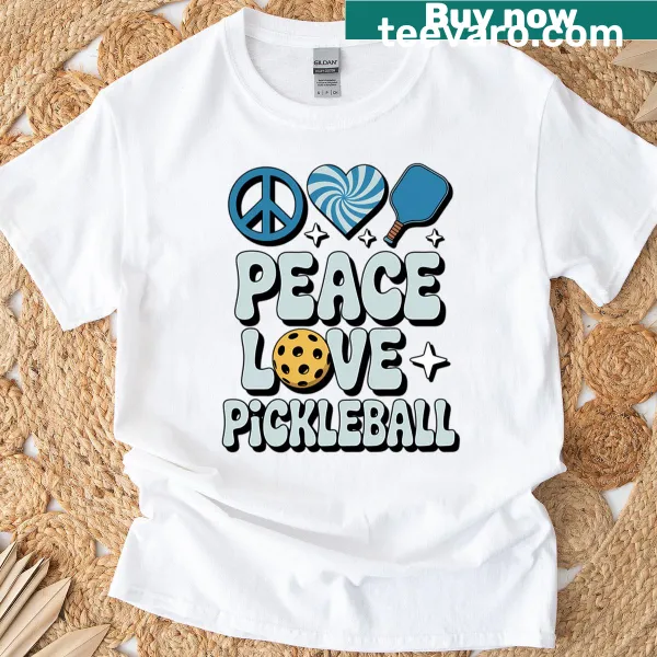 Cute tie-dye design with Peace Love Pickleball text on a t-shirt