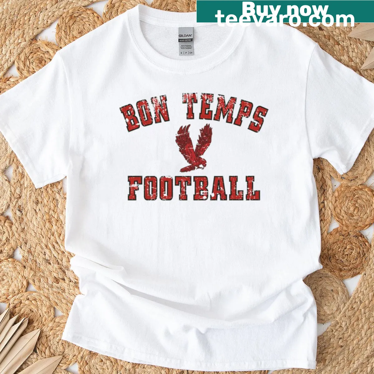 Football-themed graphic t-shirt with Bon Temps wordmark — on a men's t-shirt