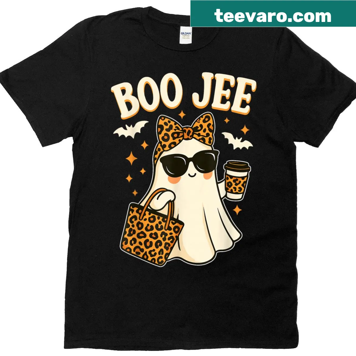 Cute cartoon ghost with 'Boo Jee' text on a Halloween t-shirt — on a men's t-shirt