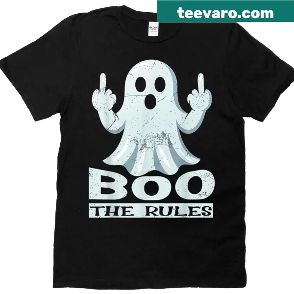 Cartoon ghost graphic with 'Boo the rules!' text on T-shirt