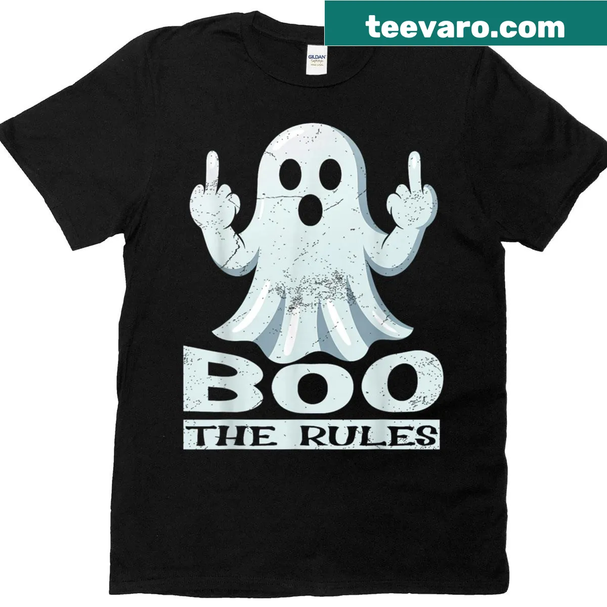 Cartoon ghost graphic with 'Boo the rules!' text on T-shirt — on a men's t-shirt