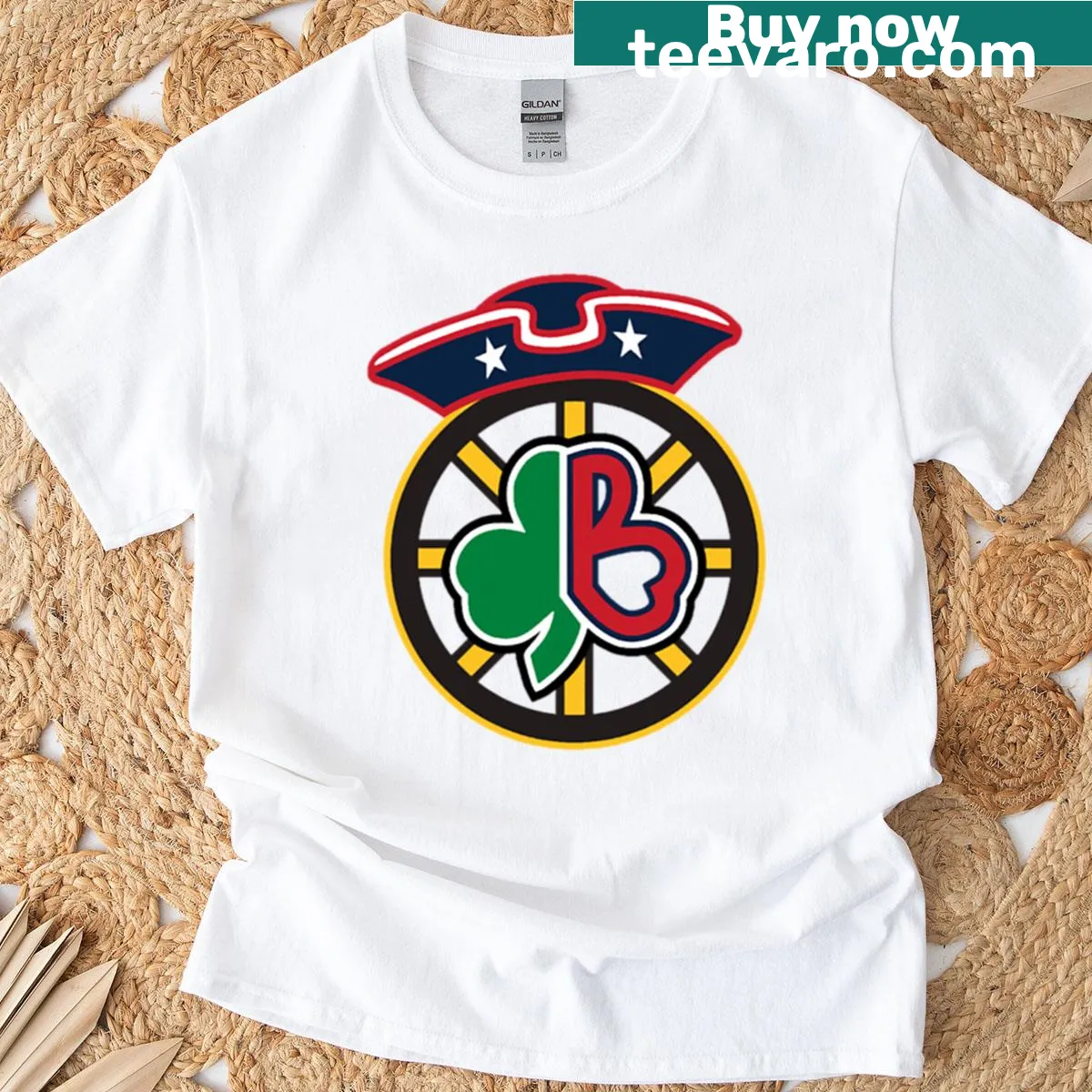 Illustrative sports symbols graphic on a Boston Sports T-shirt — on a men's t-shirt