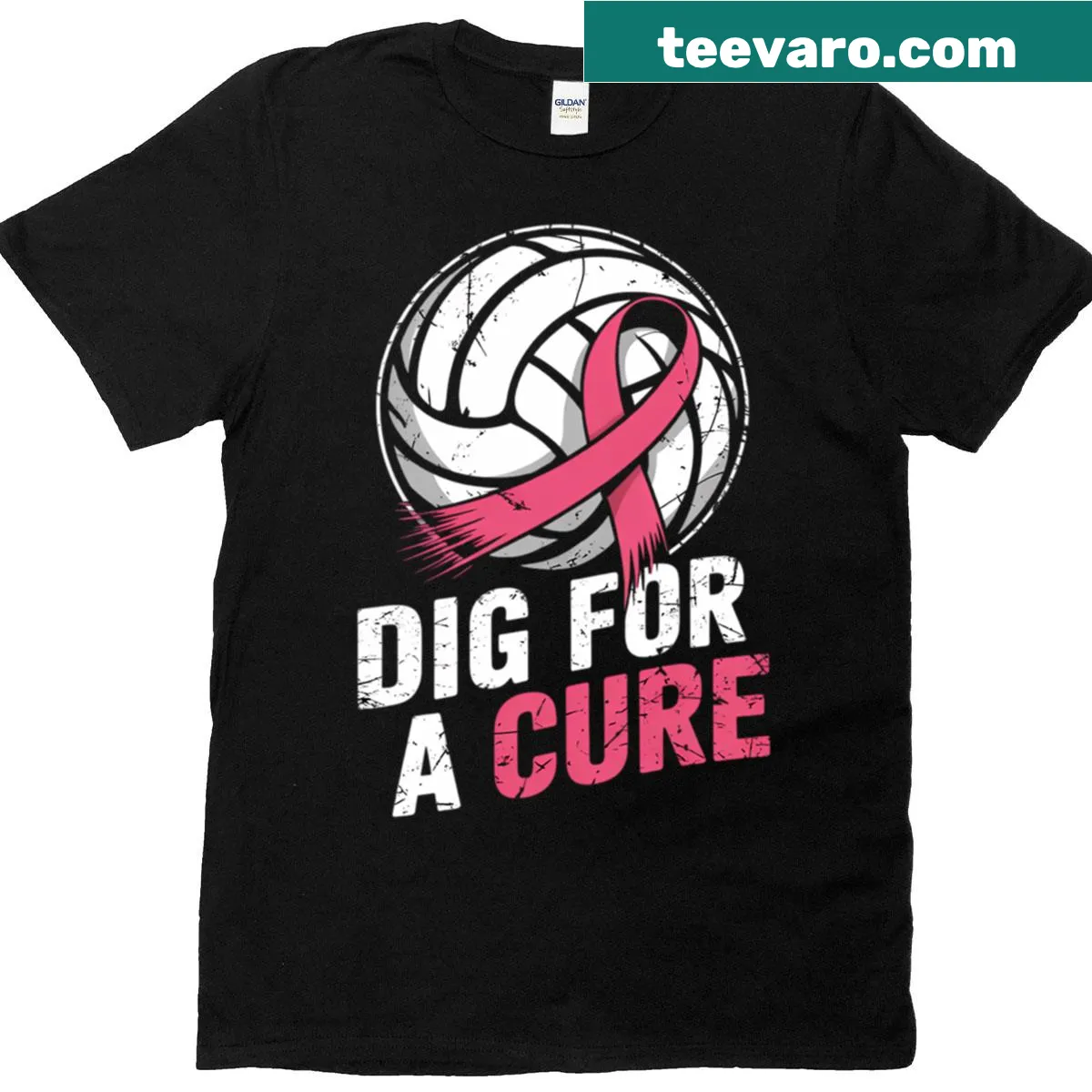 Volleyball graphic with pink ribbon design for breast cancer awareness — on a men's t-shirt