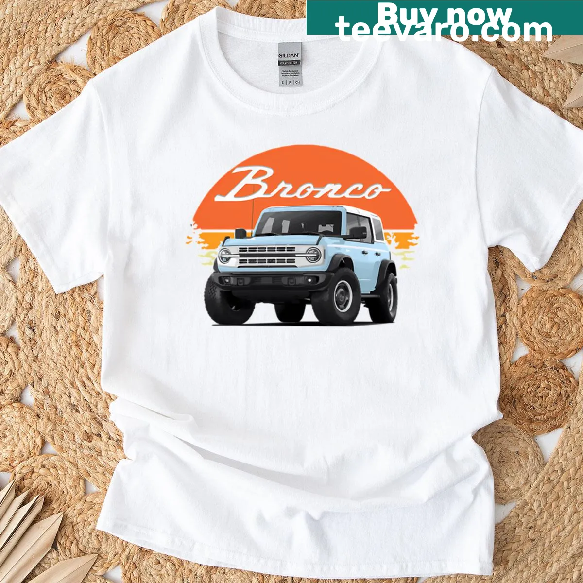 Illustration of a Bronco SUV on a heritage edition t-shirt — on a men's t-shirt
